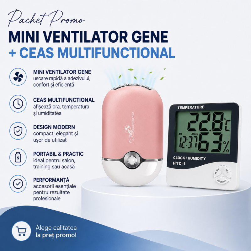 Pachet Promo Mini Ventilator Gene+Ceas Multifunctional