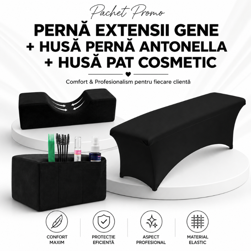 Pachet Promo Perna extensii gene Negru +Husa perna Negru+Husa pat cosmetic Negru
