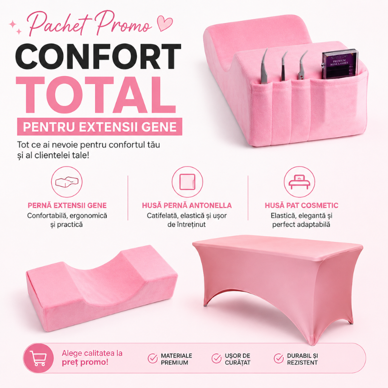 Pachet Promo Perna extensii gene Roz +Husa perna  Roz+Husa pat cosmetic Roz
